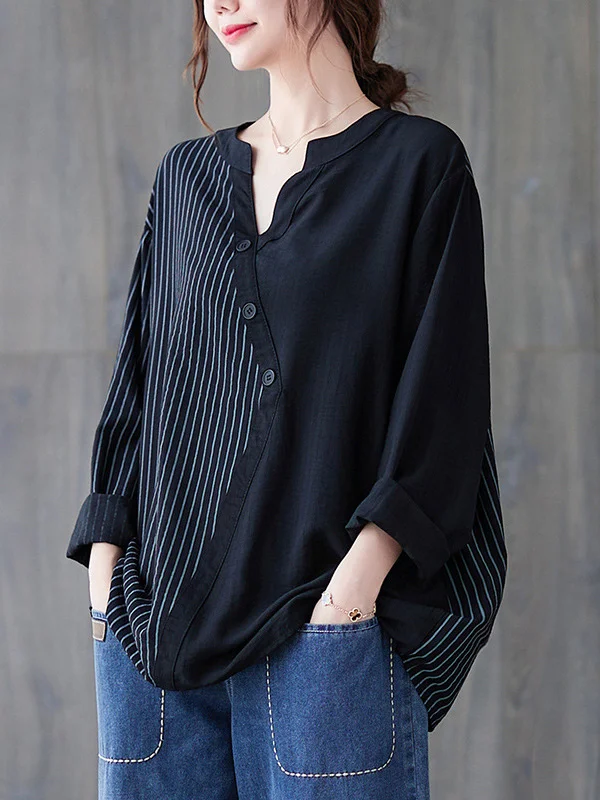 Casual Loose Long Sleeves Striped Split-Joint V-Neck T-Shirts Tops