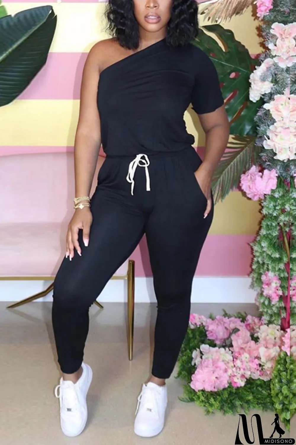 MidiSono - Black Fashion Sexy Fitted One Shoulder Short Sleeve Jumpsuit
