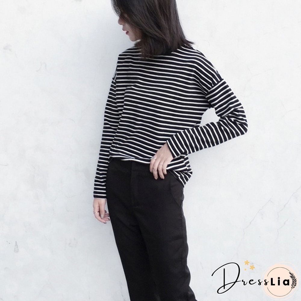 Women Turtleneck Korean Style Crop Top Long Sleeve Striped Tops Female Shirt Casual Harajuku Tops