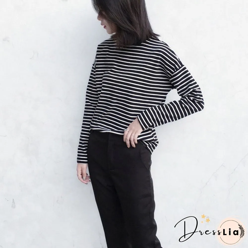 Women Turtleneck Korean Style Crop Top Long Sleeve Striped Tops Female Shirt Casual Harajuku Tops