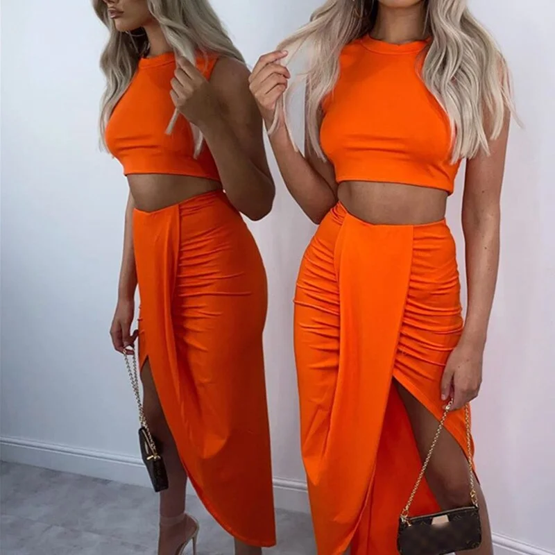 2021 Fashion Lady Skirt Suits Sexy Sleeveless Tops And Casual Drawstring Skirts Outfits Summer Women Two Piece Sets Streetwear