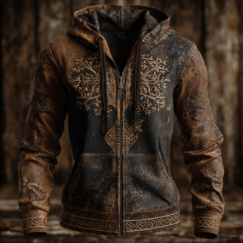 Women's Vintage Viking Tree Of Life Pattern Casual Zip-up Cardigan elevenforest