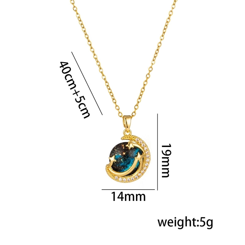 Titanium Steel 18K Gold Plated Casual Minimalist Inlay Star Moon Planet Moonstone Zircon Pendant Necklace