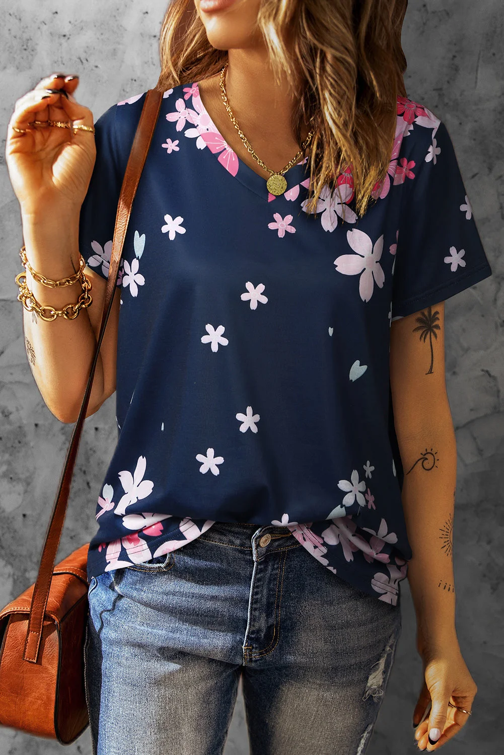 Cherry Blossom V Neck Short Sleeve Tee