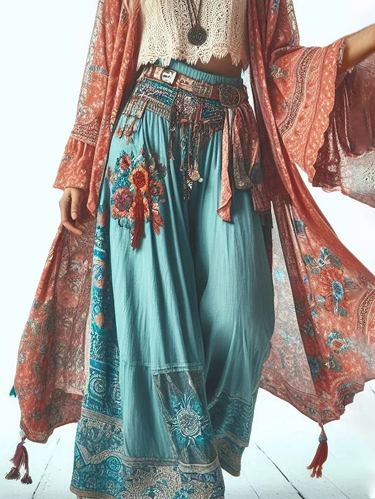 Casual Elastic Waist Floral Embroidery Wide Leg Pants