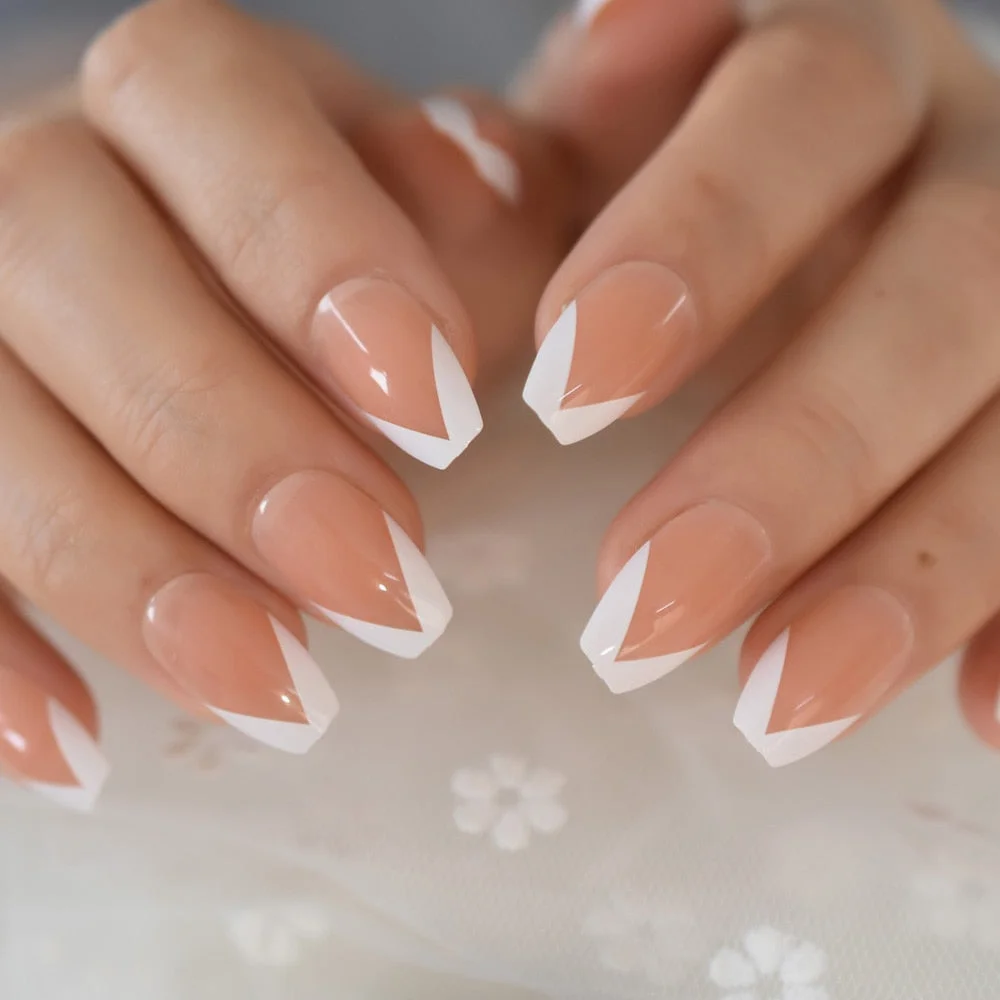 Beige French Nails White Tip Squoval False Nails Short Medium Size Ladies Artificial Manicure Tips for Daily Wear-Nail Inspo