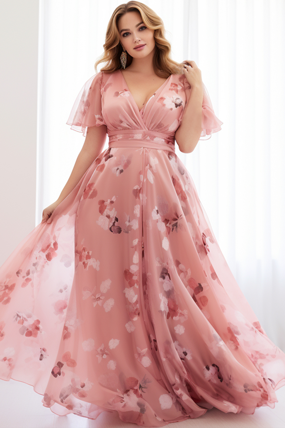Flycurvy Plus Size Everyday Peach Pink Floral Flutter Sleeve Wrap Empire Waist Chiffon Maxi Dress 2024 - Flycurvy 