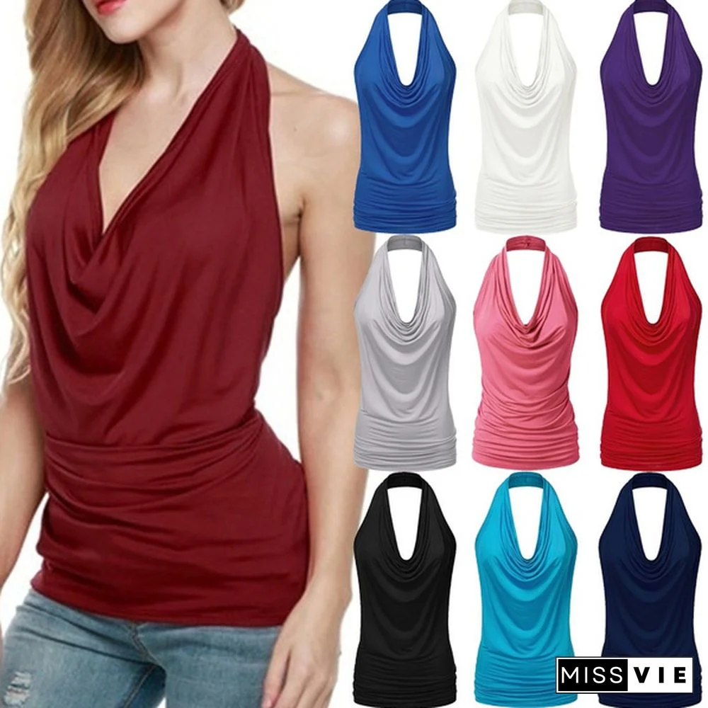 Women Sexy Summer Halter Cowl Neck Sleeveless Ruched Tank Tops Backless Solid Tops