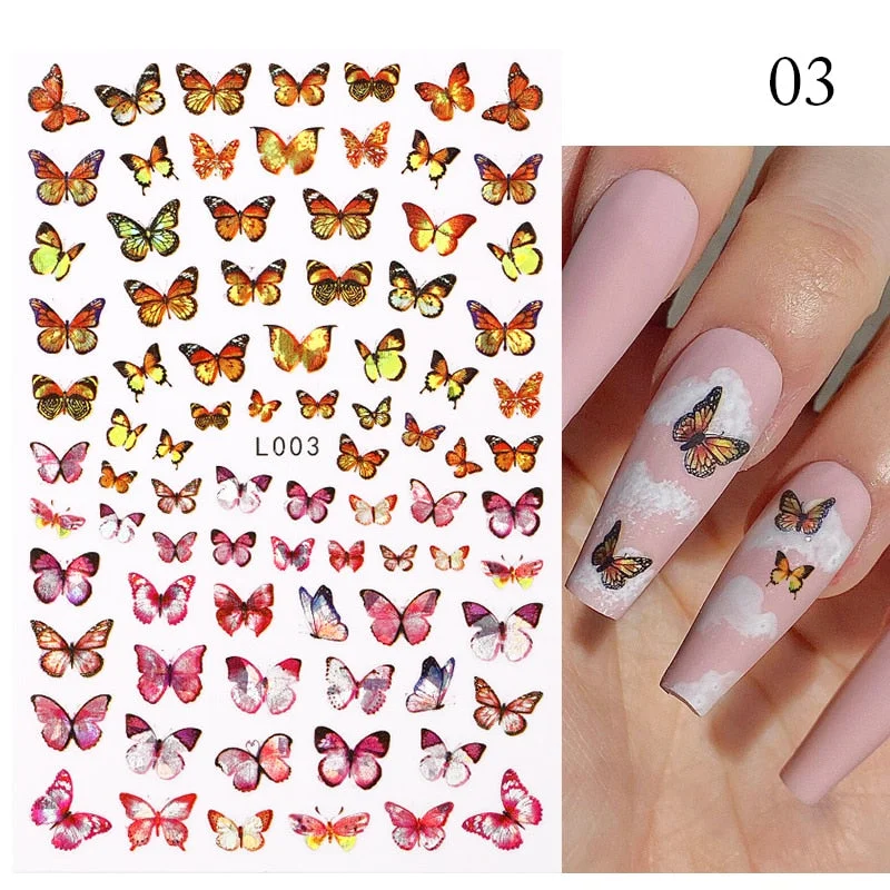 1 Sheet Laser Butterfly Gold Silver Black White 3D Nail Stickers Butterflies Heart Nail Decals Slider DIY Nail Art Decotaion-Nail Inspo