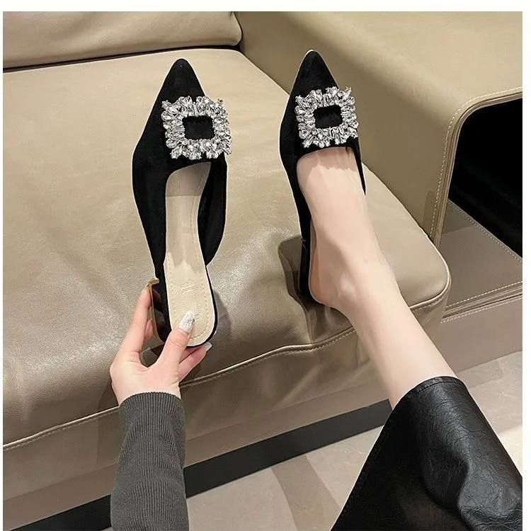 Yyvonne Half Slippers 2025 Spring And Summer Korean Version Of Fashion Comfortable New Pointed Drill Rough And Lazy Velvet Cool Drag
