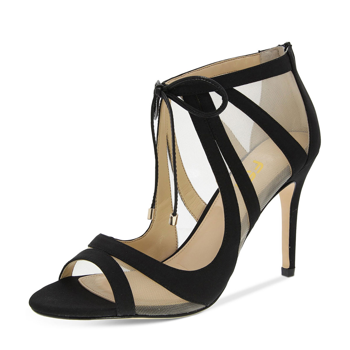 Black Mesh Patchwork Open Toe Lace-Up Sandals with Stiletto Heels