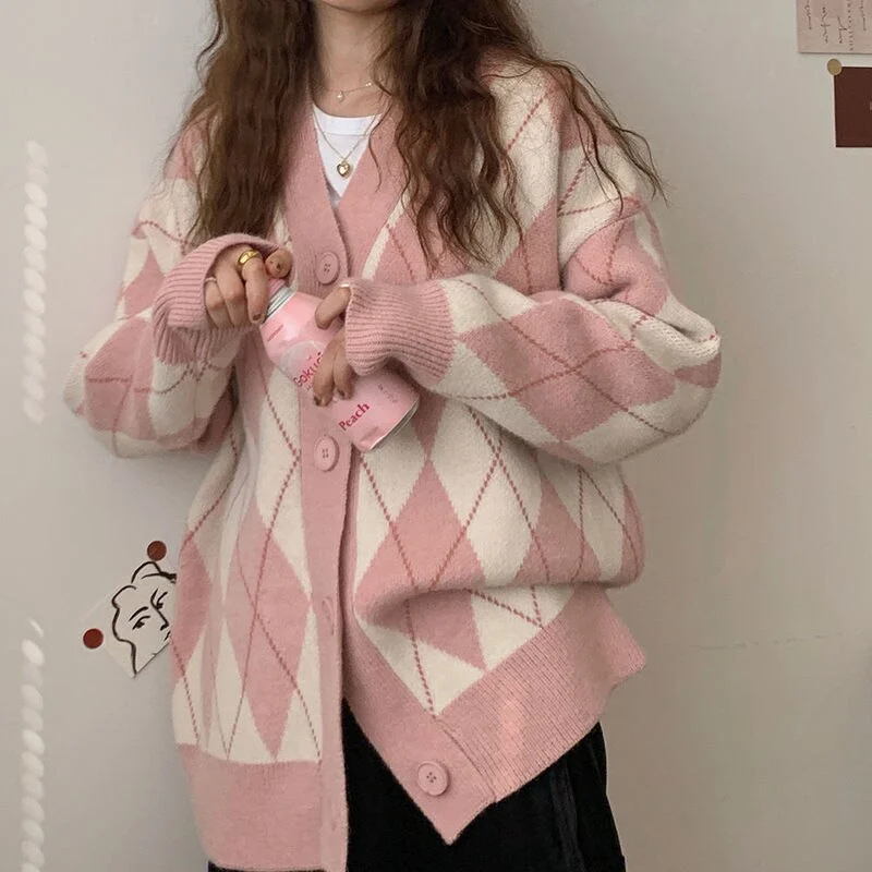 Korean Oversize Cardigan Winter Tops Women Knitted Argyle Sweater Loose Single Breast Students Knitwear Pink Knit Sweat Femme