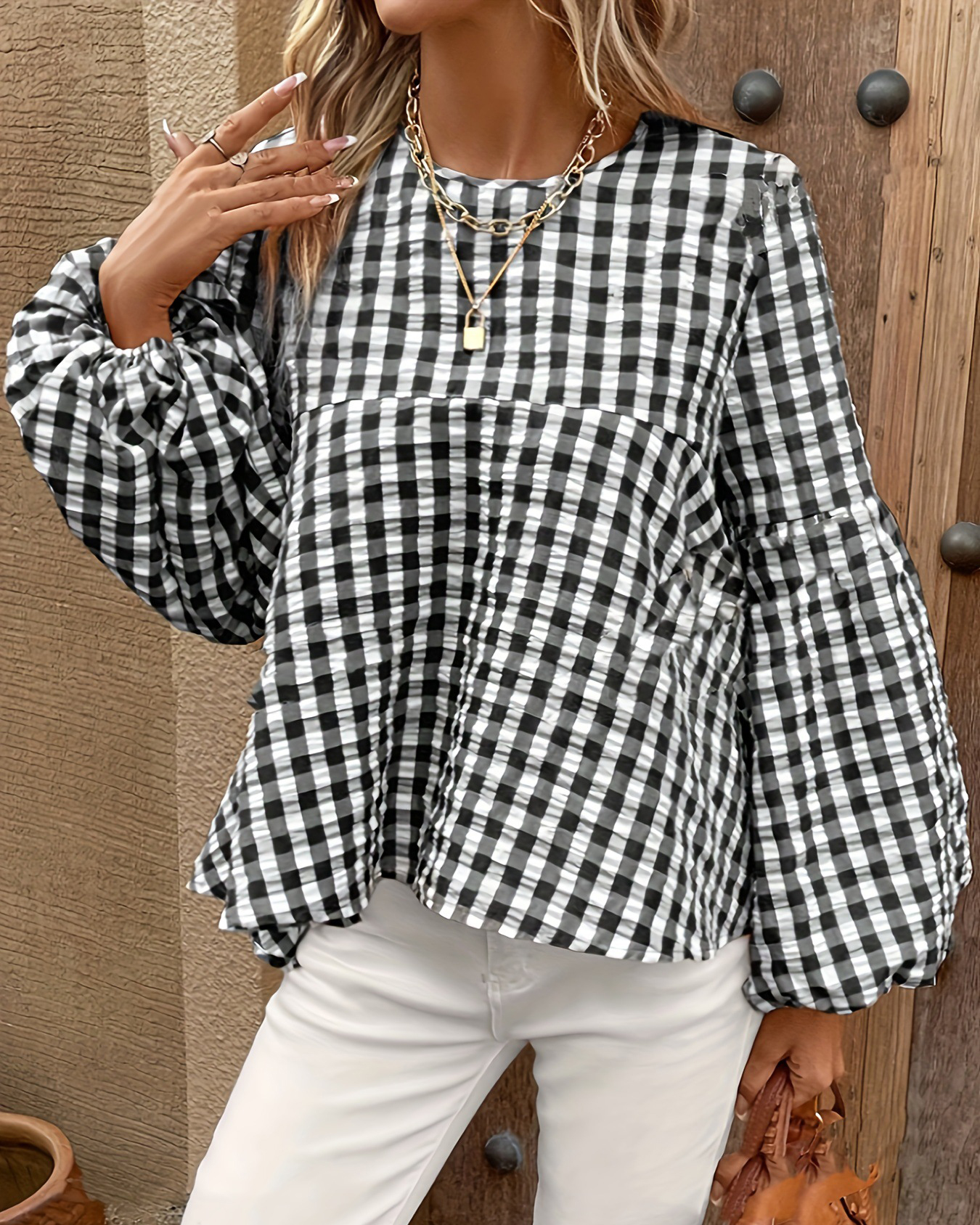 Gingham Balloon Sleeve Round Neck Top