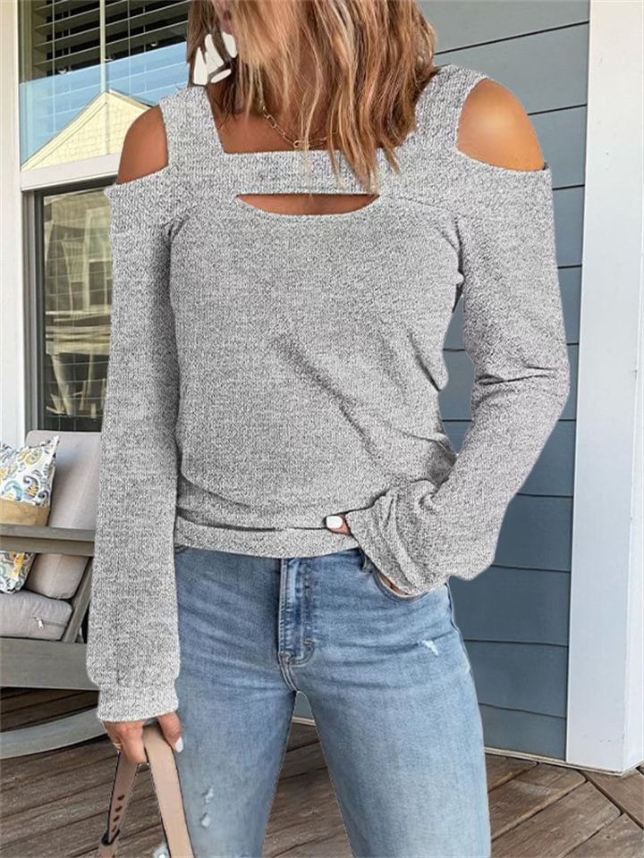 Fashion Casual Solid Color Strapless Loose Long-sleeved T-shirt Female -vasmok