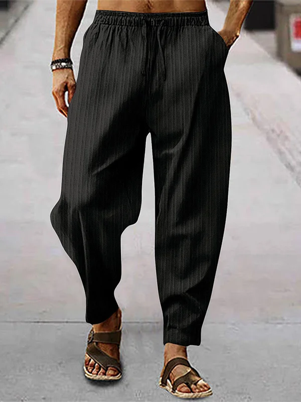 Men's Casual Plain Textured Slant Pocket Elastic Drawstring Waist Cotton Linen Pants