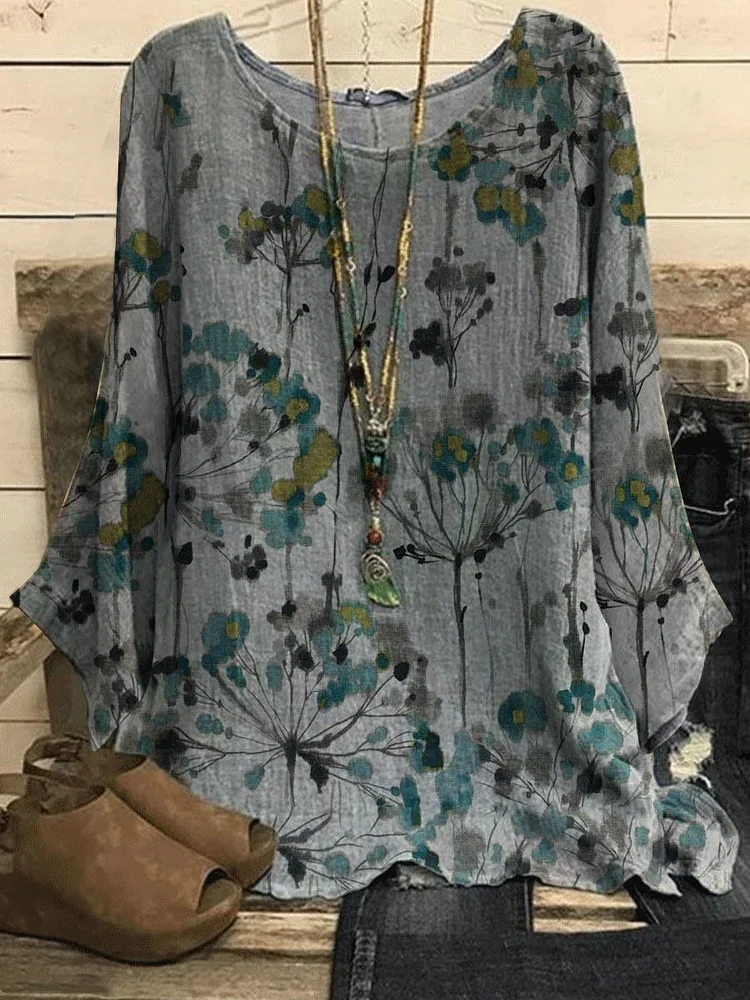 Round Neck Dandelion Print Casual Loose Long-sleeved Blouse-Mayoulove