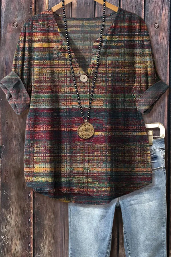 Vintage Plaid Print V-Neck Top