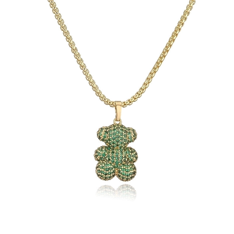 Sweet Light Luxury Copper Inlaid Color Diamond Sitting Standing Bear Necklace Female Personalized Hip Hop Love Bear Cross Chain Necklace