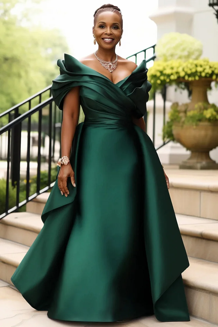 Xpluswear Design Plus Size Formal Champagne V Neck Short Sleeve Peplum Satin Maxi Dresses [Pre-Order]