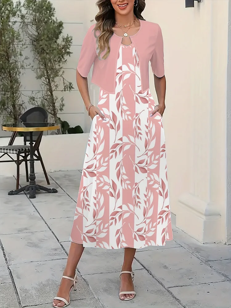 Women's Elegant Floral Print Sleeveless Dress With Pockets - Pink & White Leaf Print, Crew Neck, Short Sleeve, Perfect For Spring/Summer, Casual Attire | Floral Print Dress | Pocketed Dress