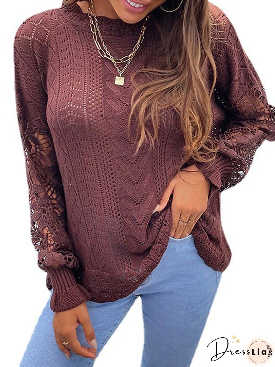 Stylish Lace Trim Panel Knit Cutout Sweater