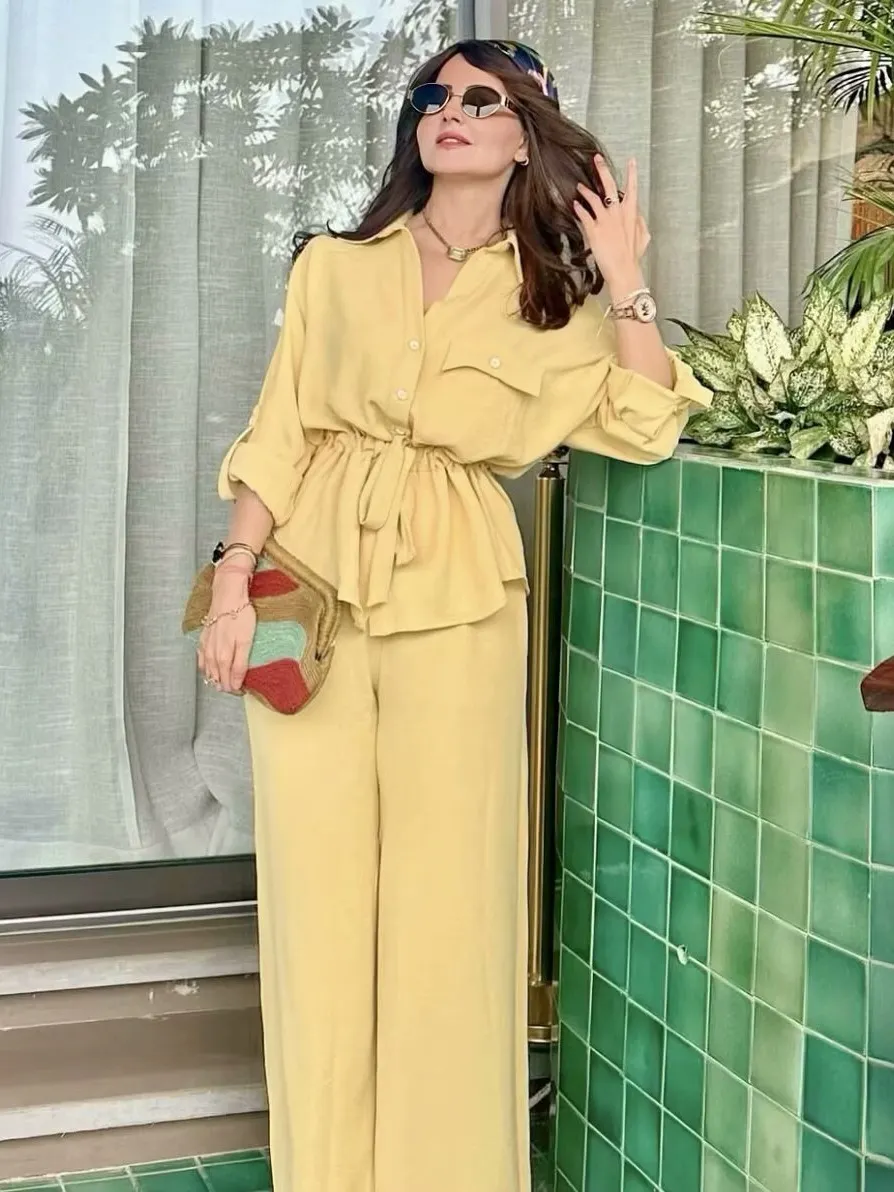 Nigikala Nigikala Women's 2025 Summer Drawstring Long-Sleeved Shirt + Casual Pants Set Women's B88851/2F