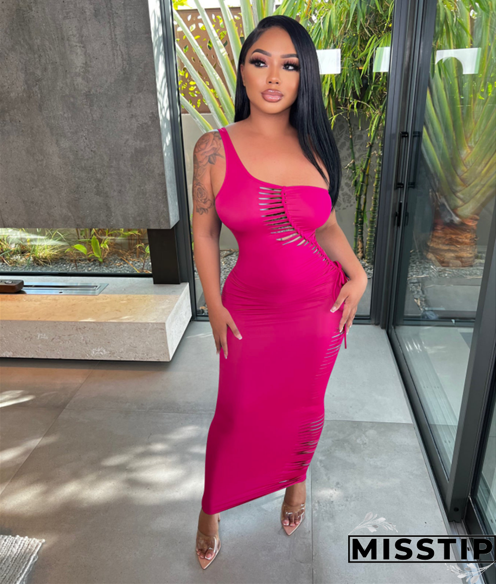 One Shoulder Sleeveless Cut Out Lace Up Maxi Dress