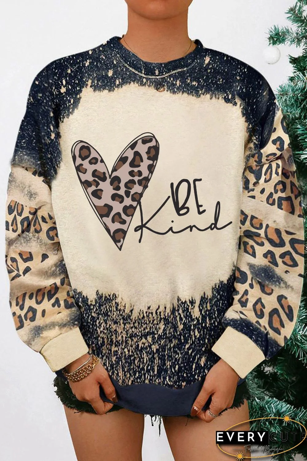 Black Be Kind Leopard Heart Bleached Print Sweatshirt