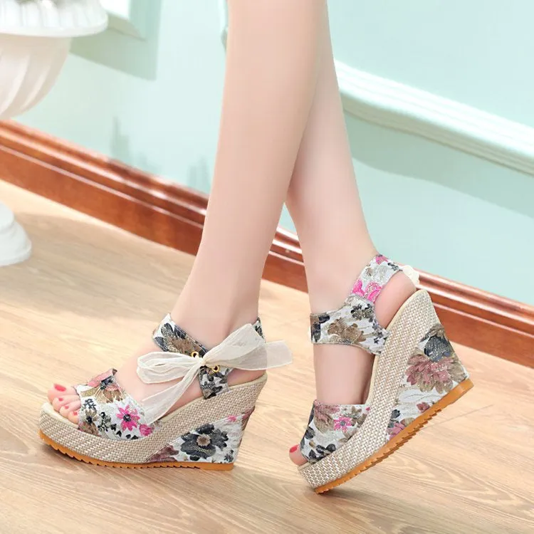 Women Floral Print Bowknot Espadrille Wedge Sandals