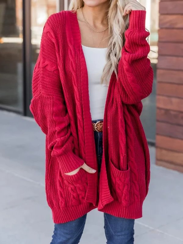 Long Sleeve Twist Knitted Cardigan With Pockets