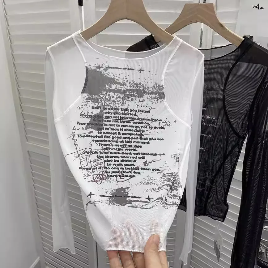 Brownm Graffiti-Printing Mesh T-Shirt 2024 Vintage Spice Girls Slime Long-Sleeved Hooded Top 13213