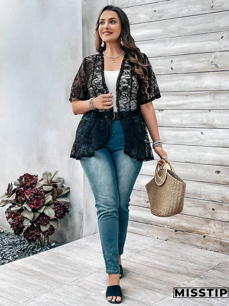 Plus Size Women's Lace Open Front Cardigan