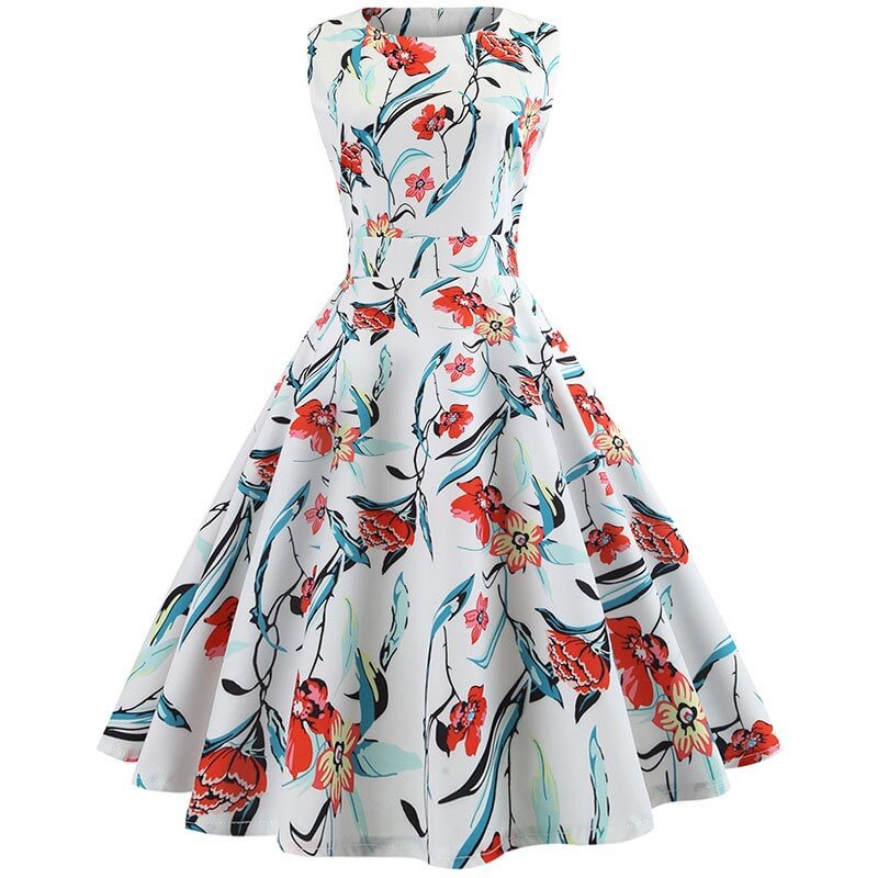 New Autumn Vintage Dresses Women Slim Sleeveless A Line Office Work  Laides Elegant Party  Casual Floral Print Tunic