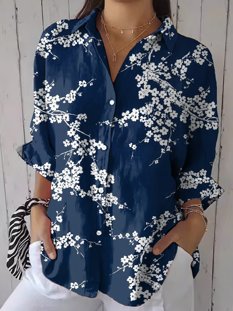 Comstylish Women's Casual Vintage Blue Floral Art Print Shirt