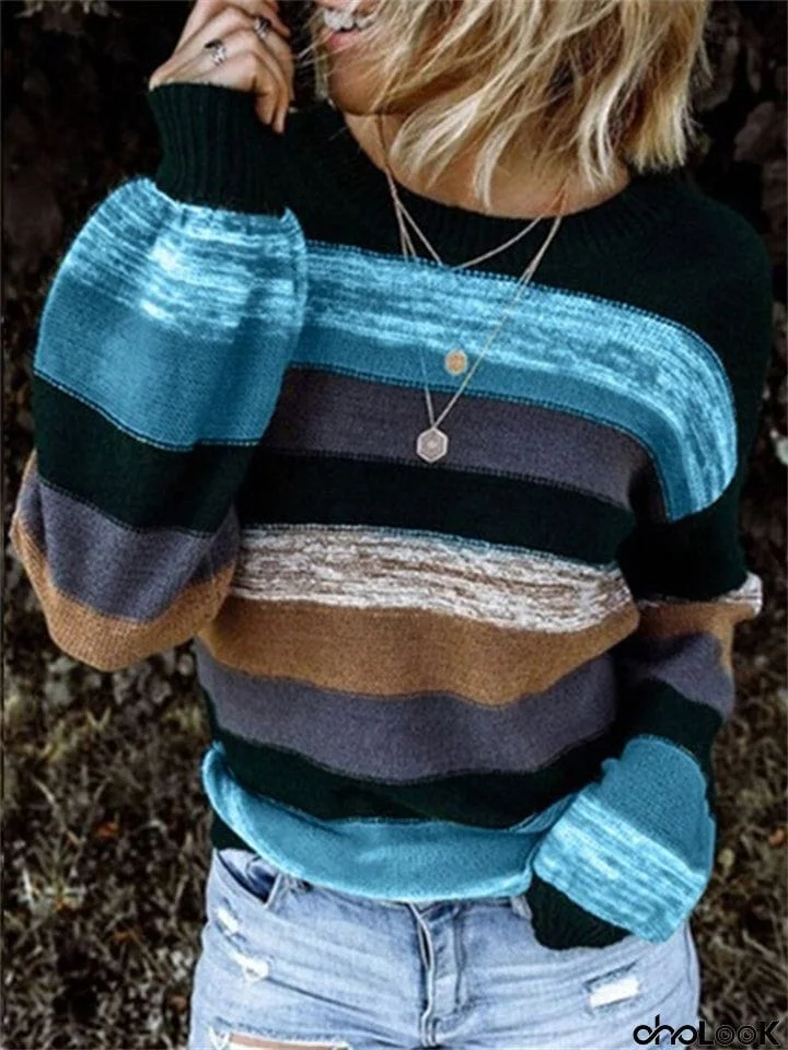 Ladies Striped Matching Color Crewneck Pullover Sweaters