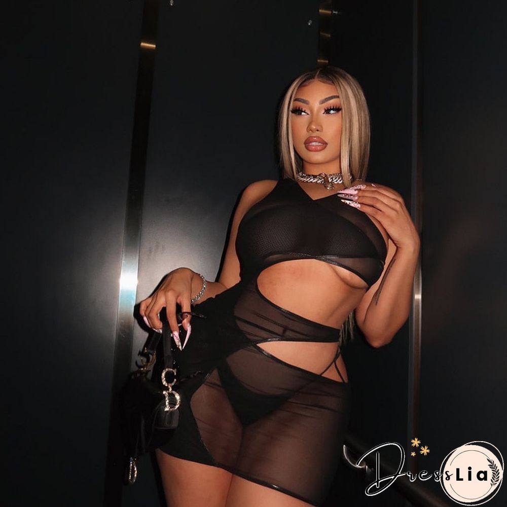 Cut Out Sheer Mesh Midnight Party Mini Dresses Summer Solid Transparent Slim Bodycon Dress Women Sleeveless Clubwear Hot