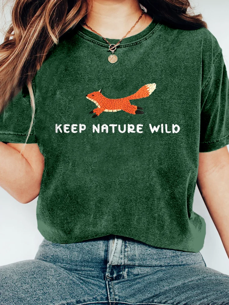 VChics Keep Nature Wild Fox Embroidered Washed T Shirt