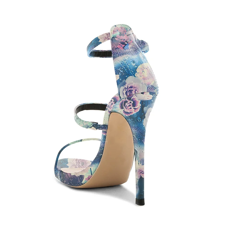 Blue Floral Heels Open Toe Ankle Strap Sandals