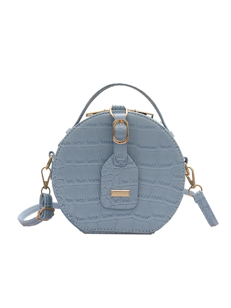 Women Round Shoulder Bag Alligator PU Circle Zip Crossbody Handbag (Blue)