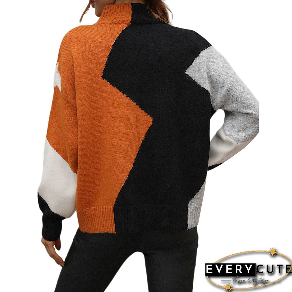 Orange Color Block Crew Neck Knit Pullover Sweater