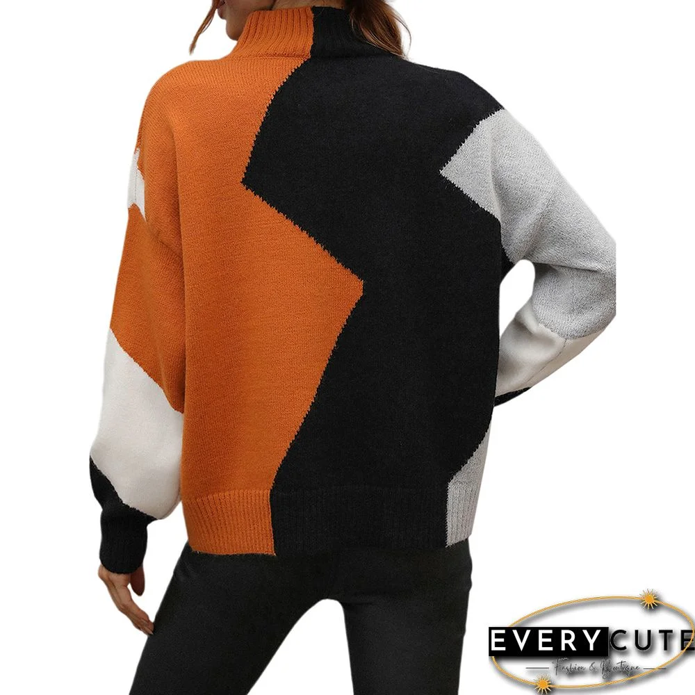 Orange Color Block Crew Neck Knit Pullover Sweater