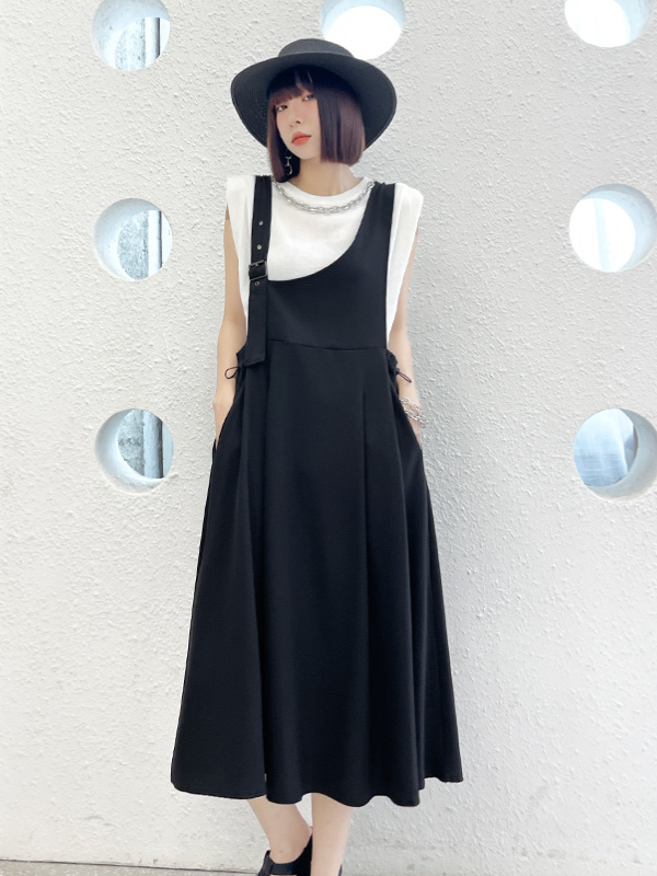 Stylish Black Asymmetric Drawstring  A-Line Suspender Dress