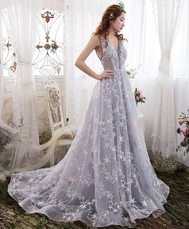 Gray V Neck Tulle Long Prom Dress, Evening Dress