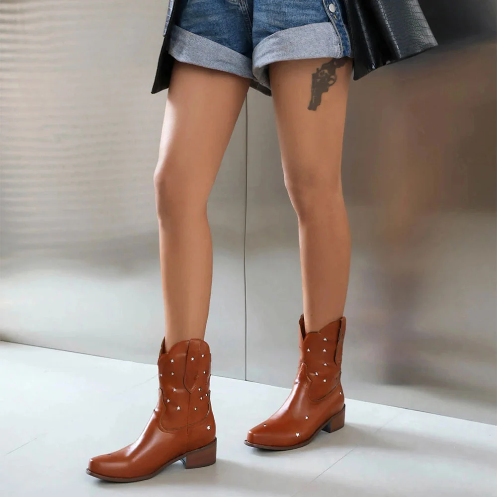 Brown Square Toe Chunky Heel Pull On Star Hollow-Out Cowgirl Boots