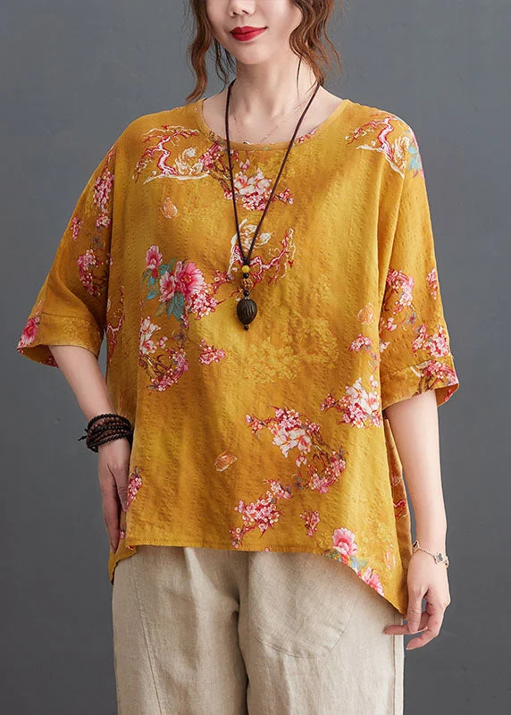 Plus Size Yellow O-Neck Floral Print Linen Tank Tops Half Sleeve