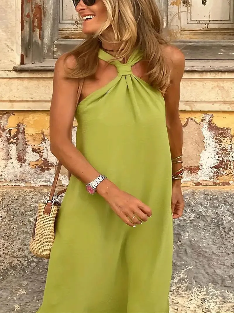 Holiday Style Solid Color Knotted Halter Neck Maxi Dress