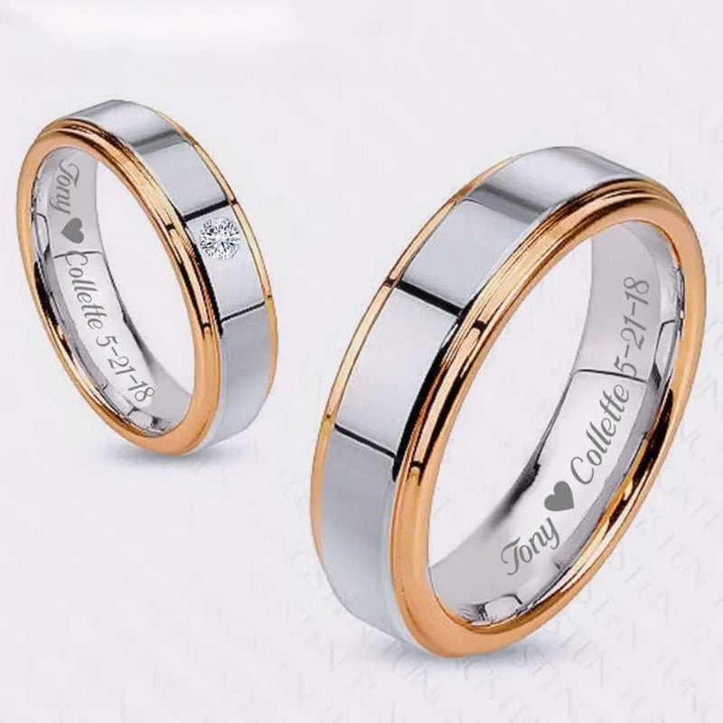 Custom Engraved Gold, Silver and Tungsten Alloy Couple Ring