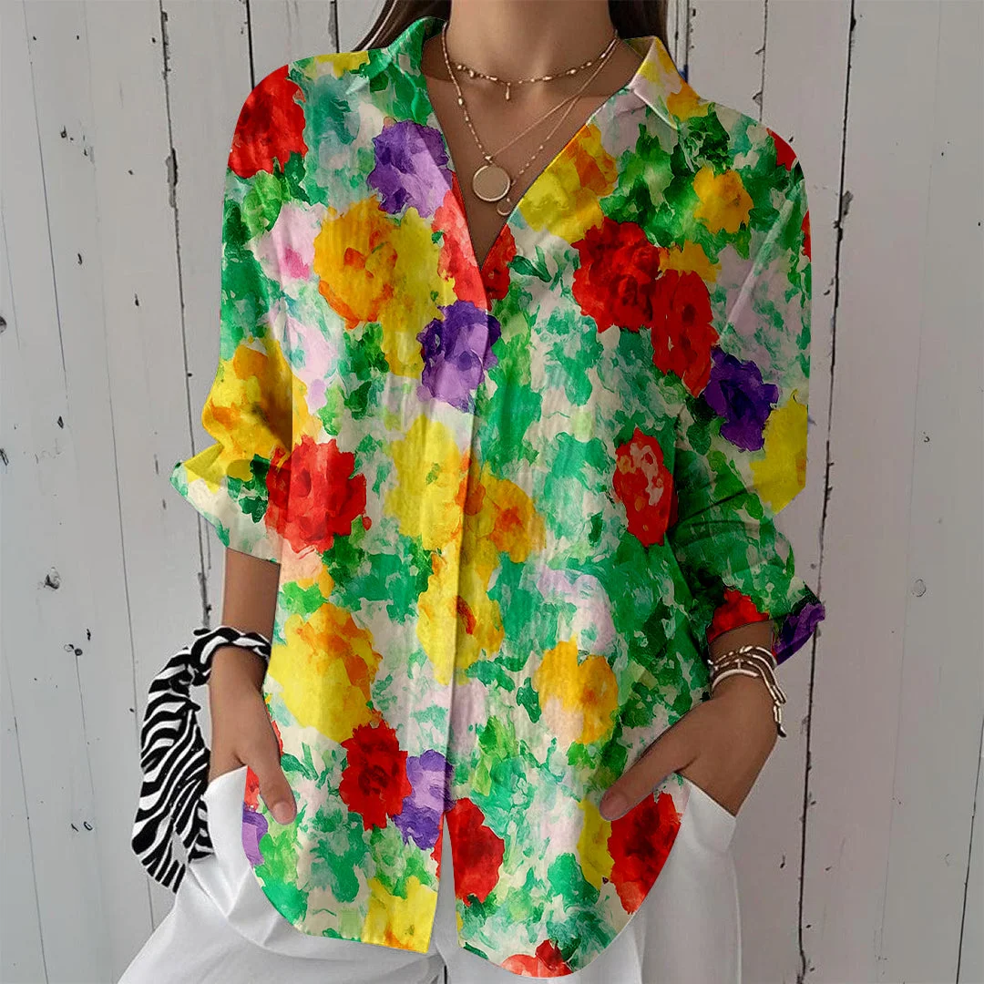 Style & Comfort for Mature Women Women Floral, Green, Red, Yellow DZCL0488 3/4 Sleeve Shirt Collar Printed Button Tops