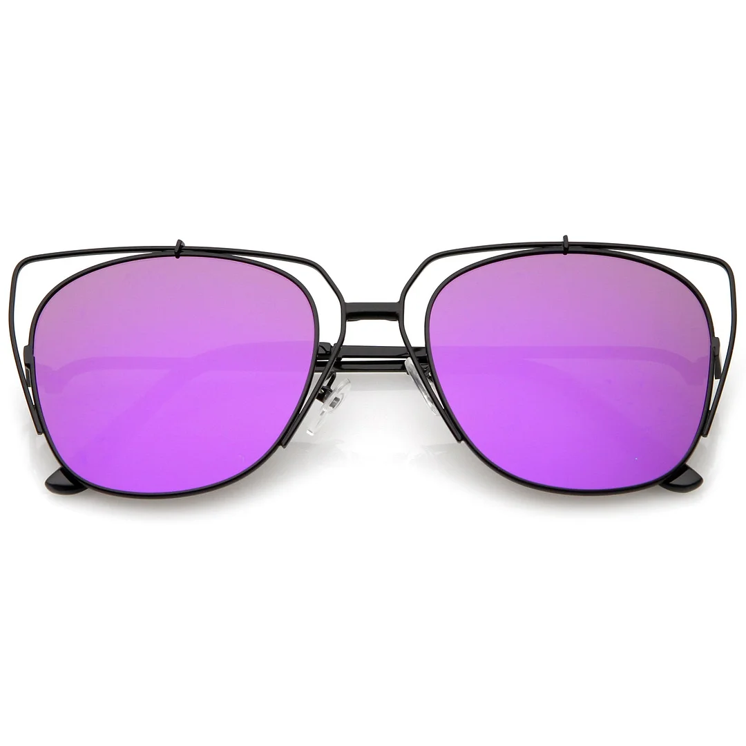 Women's Open Metal Cat Eye glasses With Mirrored Flat Lens And Slim Arms 55mm