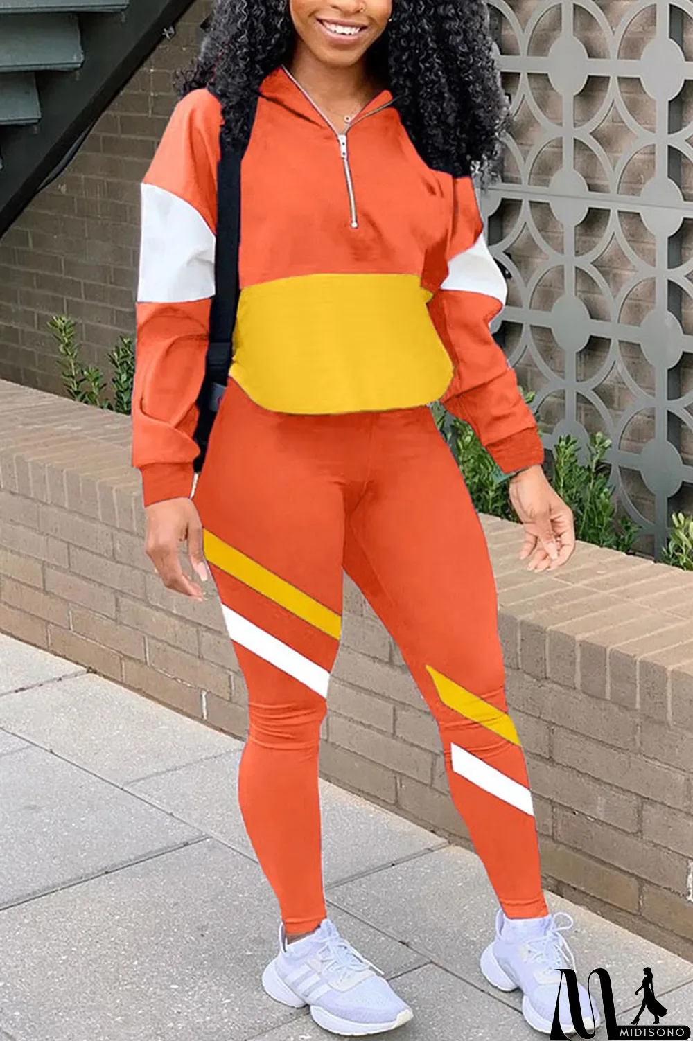 MidiSono - Fluorescent green Casual Striped Print Zippered Split Joint Mandarin Collar Long Sleeve Two Pieces